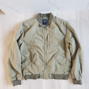 GAP Bomber Jacket Mens Medium Green Khaki Solid Canvas Utility Full Zip